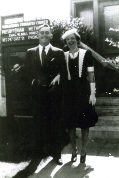 Black and white photo of Fred and Ruby Wasson on their wedding day in 1940